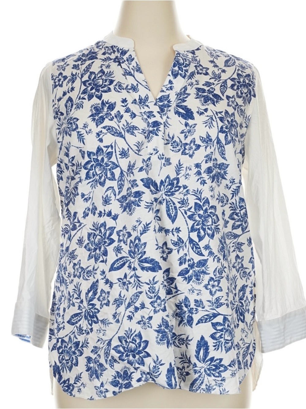 Foxcroft Womens Blue Striped Floral Shirt 3/4 Sleeve Sz 16W